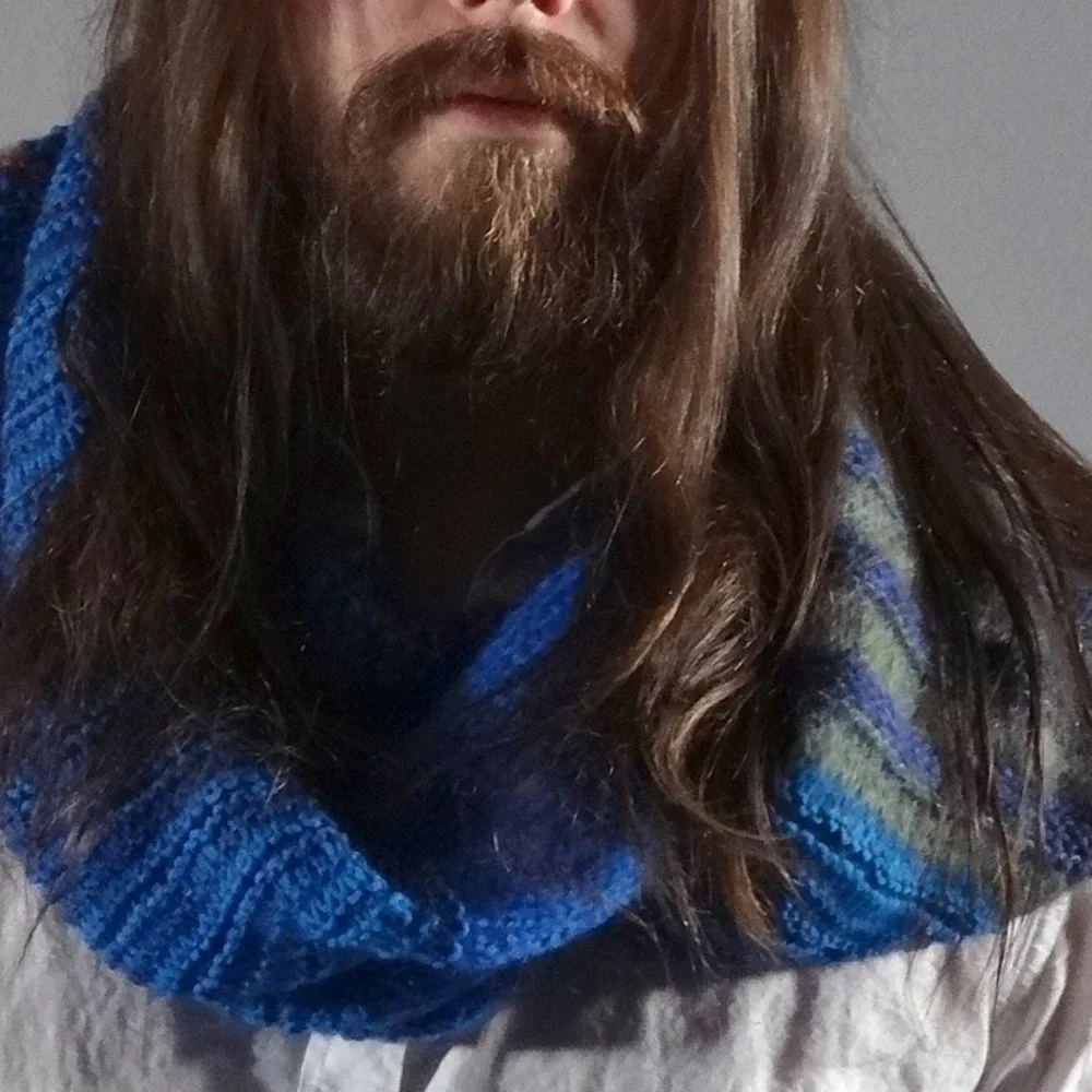 Hand Knit Striped Infinity Scarf, Cobalt Blue/Olive Multi